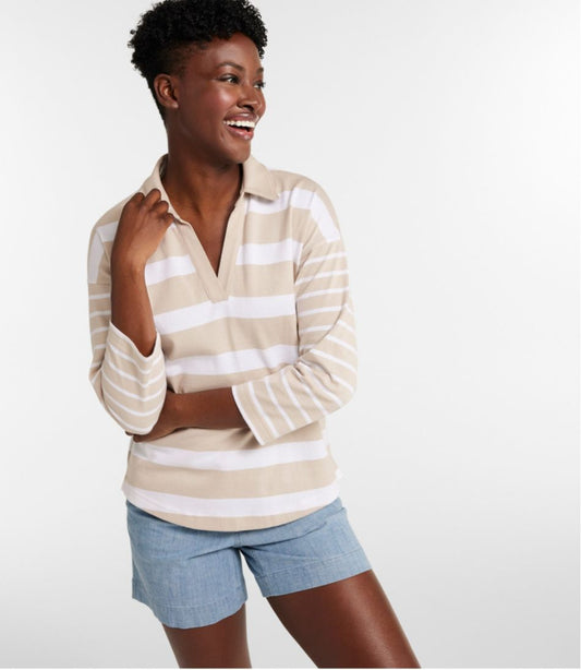Women's Heritage Mariner Top, Splitneck Polo Three-Quarter-Sleeve, Block Stripe | L.L.Bean on sale